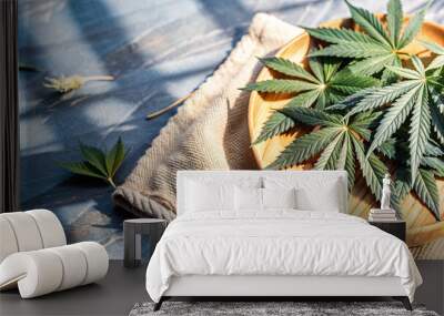 Green hemp leaves are neatly arranged on a bamboo plate, sitting on a textured cloth. Soft sunlight illuminates the leaves, highlighting their vibrant color and texture Wall mural