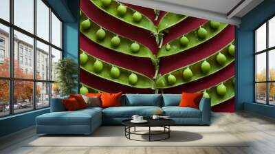 green pea pods laid out on a red background. top view. food concept. Wall mural