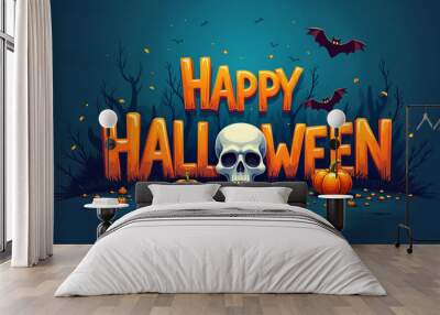 Halloween poster scene with pumpkins, bats, and a skull, set against a backdrop of a dark forest. The words 