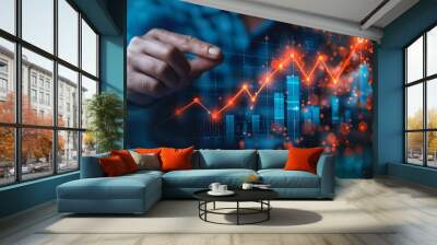 Hand holding upward arrow chart symbolizing financial success, investment growth, business startup increase development graph profit Wall mural