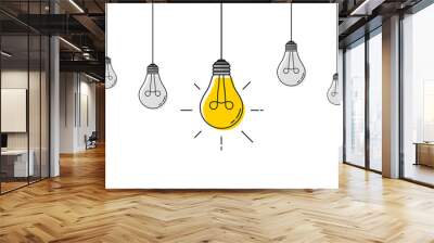 Hanging light bulbs with one glowing. Electric extinct lightbulbs set and one glowing. Concept of idea and choosing successful idea from many failed ones. Flat style. Vector illustration. Wall mural