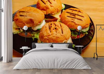 home made burgers on wooden background. cheeseburger, burger, hamburger, beef Wall mural