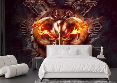 Horned knight helmet with flames. Ornaments, dragon silhouettes and chains in dark background / original artwork - fantasy Wall mural