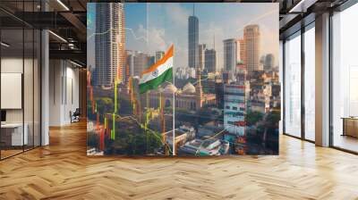 India business skyline with stock exchange trading chart double exposure with Taj Mahal and India flag, Asia trading stock market digital concept	
 Wall mural