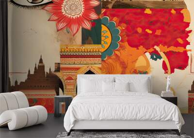 India culture cartoon art collage repeat pattern Wall mural