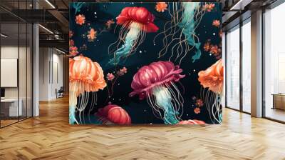 Jellyfish cartoon repeat pattern, underwater sea life background Wall mural