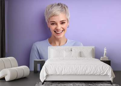 Joyous woman with short hair laughing, feeling happiness, have fun. Caucasian young adult female in casual shirt posing at camera, having perfect toothy smile. Human emotions concept Wall mural