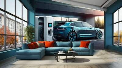 electric car being charged at a charging station, generative AI Wall mural