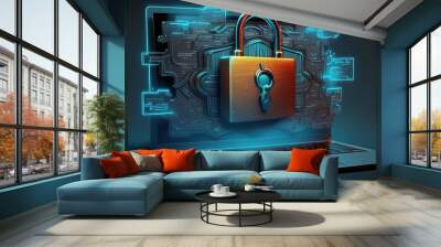 illustration of internet security lock on the background of electronic circuits, generative ai Wall mural