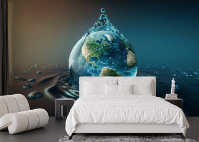 planet earth in the form of a water drop, water day, generative AI Wall mural