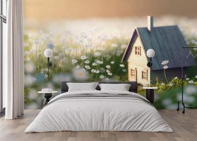 wooden model house standing on the field windflower, generative AI Wall mural