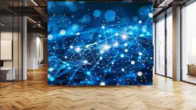 Abstract background with blue network lines and dots on a dark blue background Wall mural