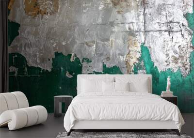 An abstract background featuring metallic textures with silver and emerald green reflections, showcasing an industrial modern aesthetic Wall mural