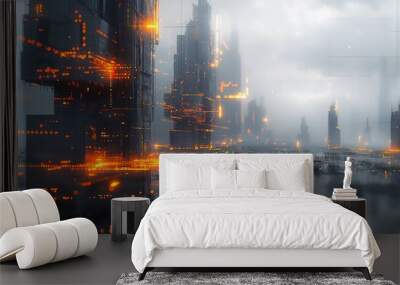 Futuristic cityscape with skyscrapers and illuminated digital patterns in cool grey tones Wall mural