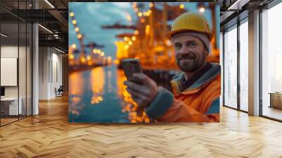 Man in safety gear taking a selfie at an industrial port during evening Wall mural