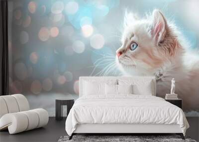 Portrait of a fluffy white kitten with blue eyes against a light bokeh background Wall mural