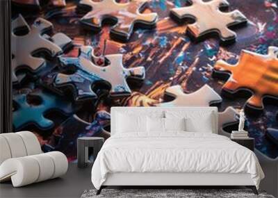 Many pieces of puzzle puzzle laying on the floor Wall mural