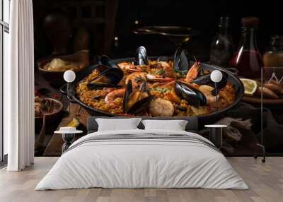 Mediterranean paella with seafood . generative AI Wall mural