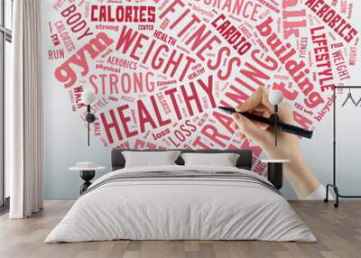 Healthy lifestyle concept - heart in word collage. Close up of f Wall mural