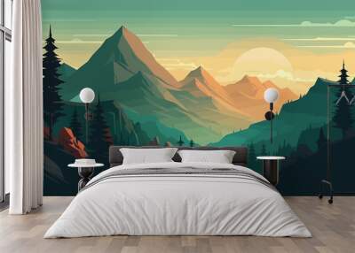 Mountain peak view landscape with sunrise soft light. Flat 2d vector illustration background Wall mural