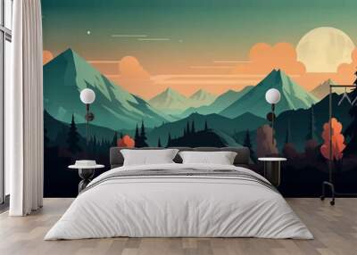 Mountain peak view landscape with sunrise soft light. Flat 2d vector illustration background Wall mural