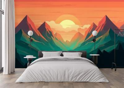 Mountain peak view landscape with sunrise soft light. Flat 2d vector illustration background Wall mural