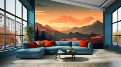 Mountain peak view landscape with sunrise soft light. Flat 2d vector illustration background Wall mural