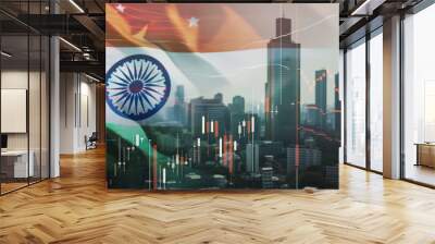 Mumbai business skyline with stock exchange trading chart double exposure with India flag, asia trading stock market digital concept	
 Wall mural