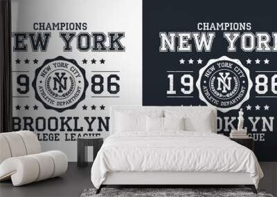 New York, Brooklyn typography for design clothes. Graphics for print product, t-shirt with grunge, vintage sport apparel. Champions of college league. Vector illustration. Wall mural