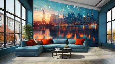 New York business skyline with stock exchange trading chart double exposure, Liberty Statue, trading stock market digital concept	
 Wall mural