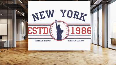 New York slogan t-shirt typography with liberty statue. Grunge tee shirt design. Vector illustration. Wall mural