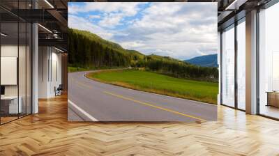 Norwegian highway car road in beautiful mountains, amazing summer landscape background, north Europe. Journey trip from Bergen to Oslo, asphalt road in beautiful nature of Norway, Scandinavia, Europe Wall mural