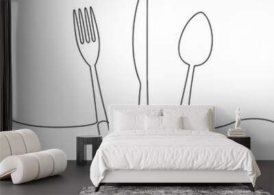 One continuous line illustration of fork, knife and spoon. Cutlery. Vector. Wall mural