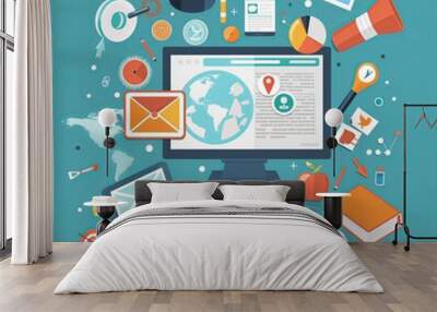 Online education, E-learning, computer with school books, innovative online courses, flat cartoon illustration Wall mural