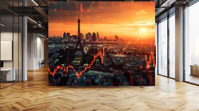 Paris business skyline with stock exchange trading chart double exposure, France with Eiffel tower trading stock market digital concept Wall mural