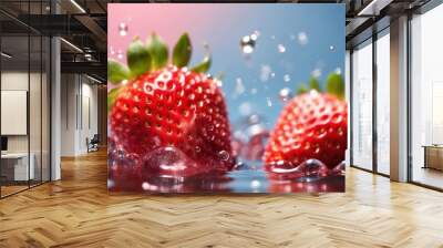 Pink fresh watery strawberries in water with splash and bubbles background, freshness happy summer pink fruit feminine background Wall mural