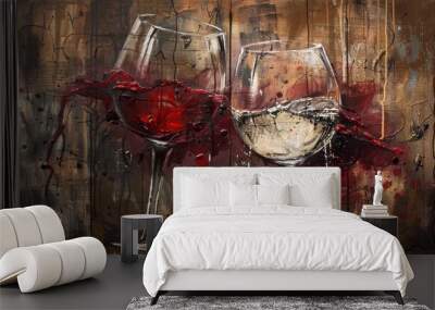 Red, white wine, wood. Generative AI Wall mural