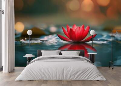 Red lotus blooming water delicate. Generative AI Wall mural