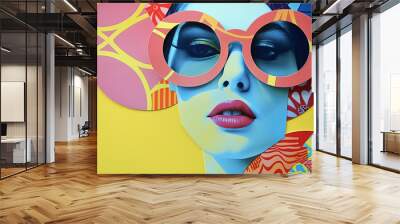 Retro pop art collage of a beautiful woman on colorful paper background, female fashion model, abstract young beautiful social media trendy style wearing sunglasses Wall mural