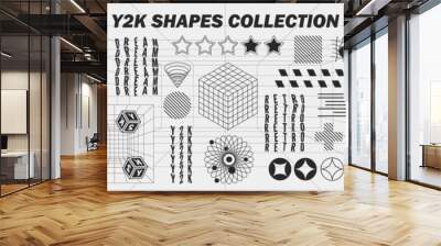 Abstract geometry wireframe shapes and patterns, cyberpunk elements, signs and perspective grids. Surreal geometric retro signs. Rave psychedelic futuristic Y2k acid aesthetic set. Vector illustration Wall mural