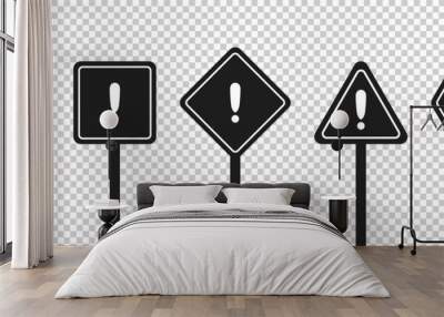 Set of round, square, rhombic, triangular and hexagonal black road signs with exclamation point. Caution sign. Vector icons for warning about the situation on the road. Transparent isolated background Wall mural