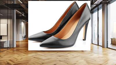 Black leather high heeled women shoes isolated on white background. Stilettos with clipping path. Full Depth of Field Wall mural