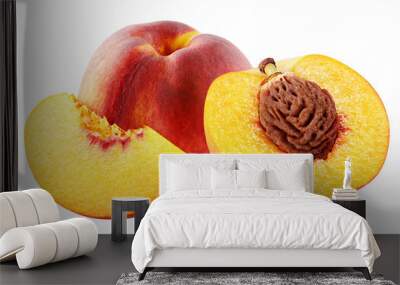 Group of ripe whole peach fruit with half and slice isolated on transparent background. Full depth of field. Wall mural