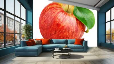 One ripe red apple fruit with green leaf isolated on white background with clipping path Wall mural