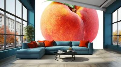 Ripe whole peach fruit with green leaf isolated on white background with clipping path. Full depth of field. Wall mural