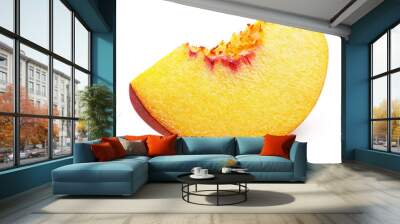 Slice of ripe peach fruit isolated on white background. Peach slice with clipping path. Full depth of field. Wall mural