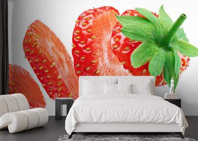 Sliced strawberry flying in the air isolated on white background with clipping Path. Full depth of field. Wall mural