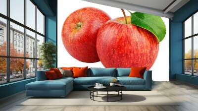 Two ripe red apple fruits with green leaf isolated on transparent background. Wall mural