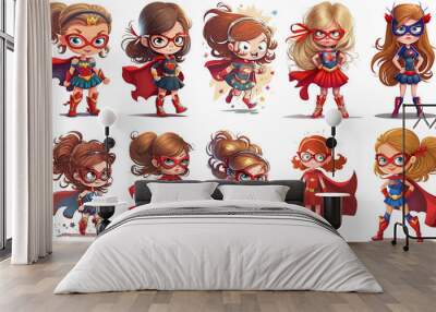 Set of cute cartoon illustrations of a girl superhero generative ai Wall mural