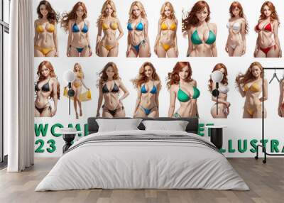 Set of Cute sexy woman in bikini swimsuit. Collection of 23 illustrations, PNG isolated transparent background anime style cartoon collage Wall mural